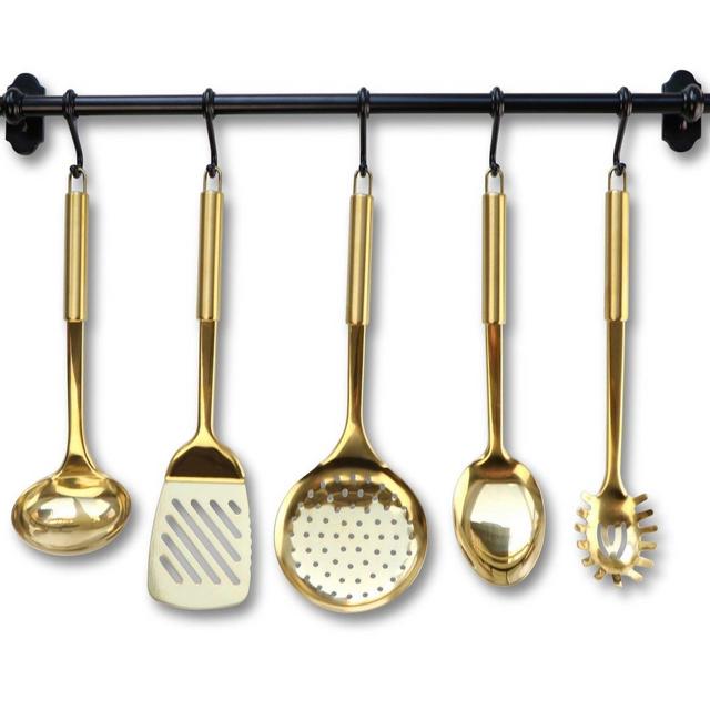 Styled Settings LLC - Gold/Brass Cooking Utensils for Modern Cooking and Serving, Kitchen Utensils -Stainless Steel Cooking Utensils 5 PCS-Gold Serving Spoon, Gold Soup Ladle, Pasta Serving Fork, Spatula, Kitchen Skimmer
