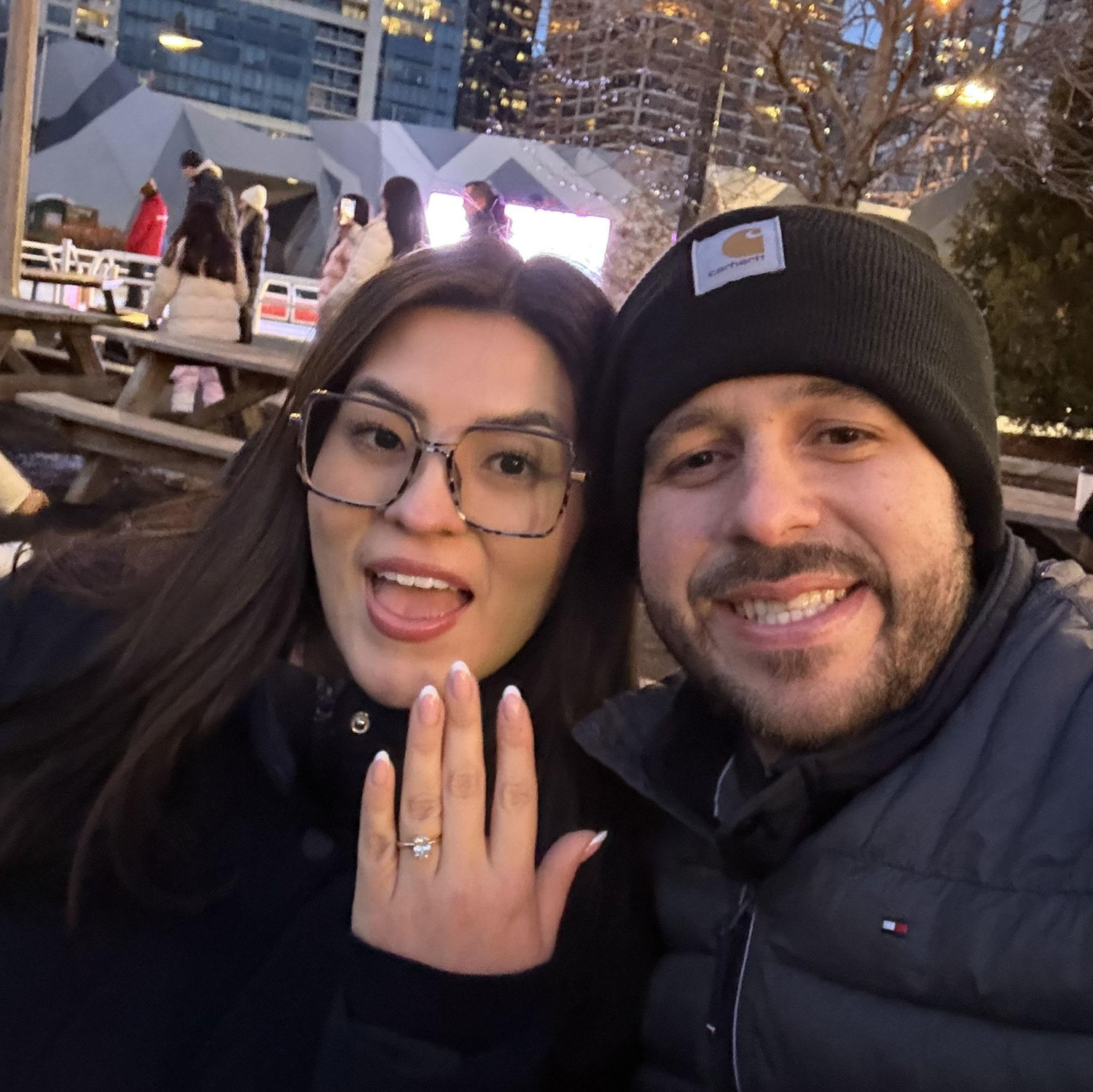 Day after we got engaged! At Maggie Daley Ice rink. Bruno's first time ice skating!