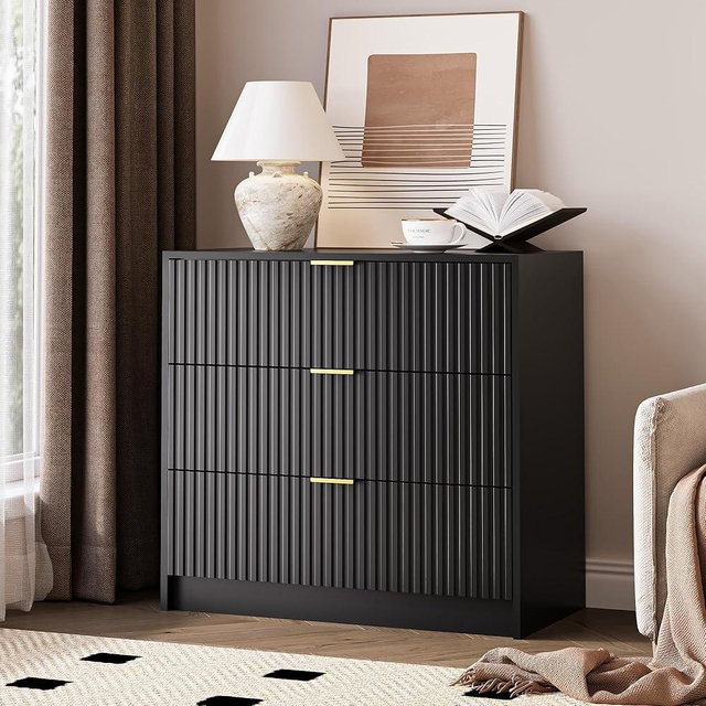MAISONARIA Black Fluted Dresser for Bedroom, 32 Inch Wide Nightstand with Large Drawer, 3 Drawer End Table for Bedroom, Living Rooms, Offices, and Entryways