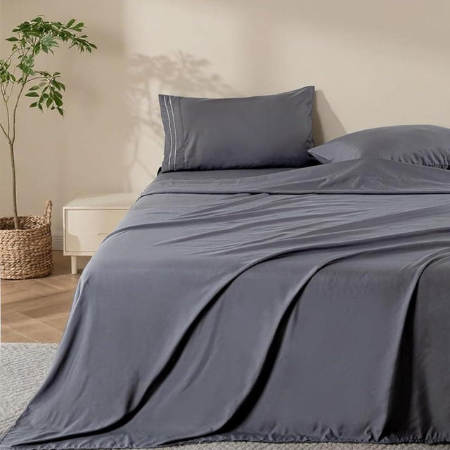Ranunculus 4 Piece Queen Bed Sheet Set, Soft Fitted Sheet Queen Size & Bedsheet & 2 Pillowcases, Washed Brushed Microfiber - Deep Pocket, Breathable, Fade Resistant,Easy Care (Dark Grey,Queen)