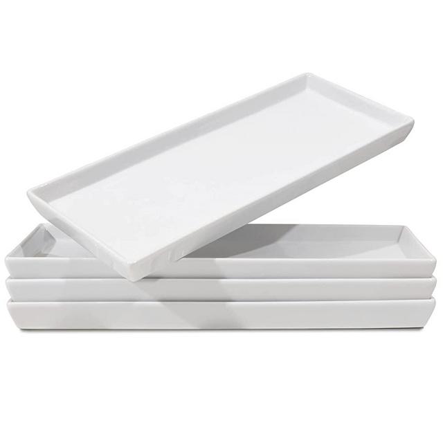 White Ceramic Serving Platters (14 x 6 Inch Rectangle Plates) Serving Dishes for Entertaining, Food, Appetizers, Desserts, Cheese Board, Charcuterie, Sushi - Set of 4 Party Serving Trays