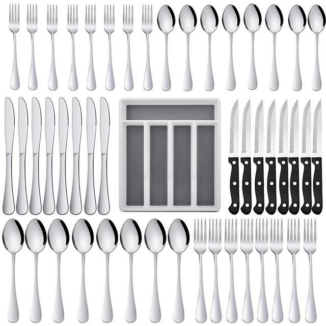 49-Piece Silverware Set with Flatware Drawer Organizer, Stainless Steel Cutlery Set with 8 Steak Knives, Eating Utensils Set Service for 8, Mirror Polished, Dishwasher Safe - Silver