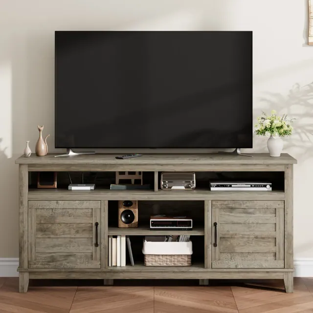 TV Stand for 63 In, Entertainment Center with Adjustable Shelves, Farmhouse TV Stand with Cabinet Doors ,for Living Room, Bedroom, Grey