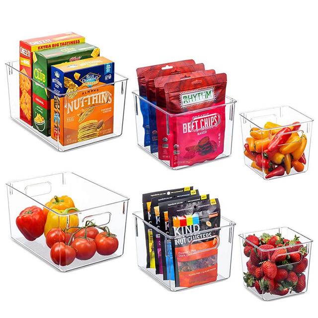 Set Of 6 Clear Pantry Organizer Bins Household Plastic Food Storage Basket with Cutout Handles for Kitchen, Countertops, Cabinets, Refrigerator, Freezer, Bedrooms, Bathrooms