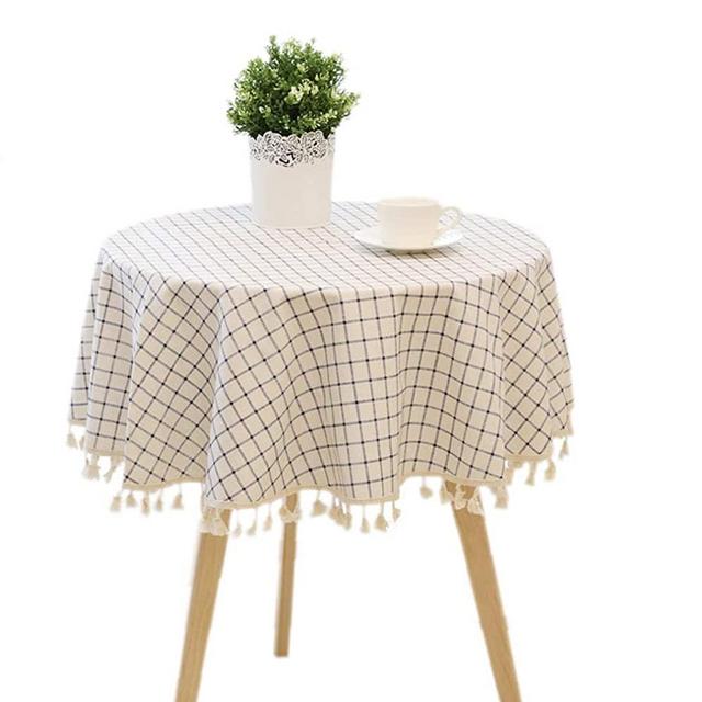LUCKYHOUSEHOME Check Plaid Cotton Linen Round Tablecloth Tassel Table Cover for Kitchen Home Dinning Approx 60 Inch, White