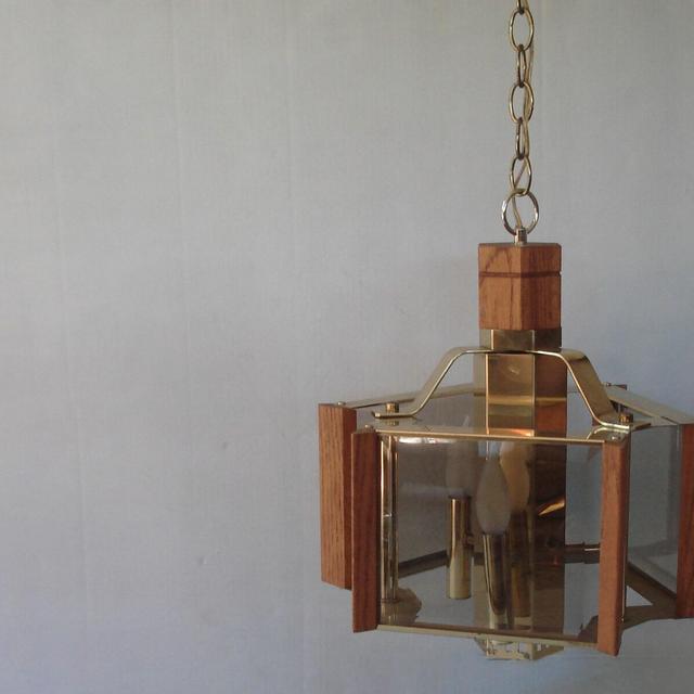 Fredrick Ramond ceiling fixture - oak, metal and glass chandelier