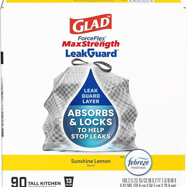 Glad ForceFlex MaxStrength LeakGuard Trash Bags, 13 Gal, Sunshine Lemon Scent, 90 Ct (Pack May Vary)