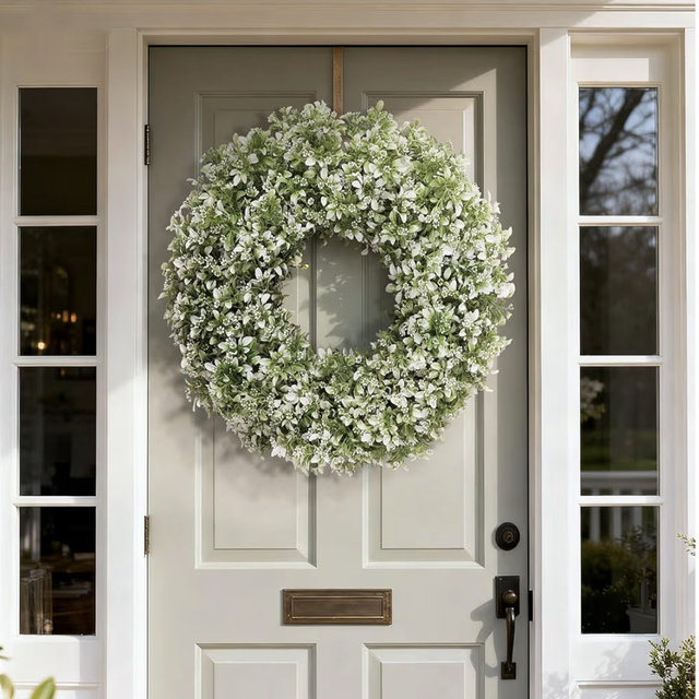 26" Artificial Boxwood Wreath for Front Door - Large Faux Aglaia Odorata Wreath, Fake Eucalyptus Leaves Plants for Wall Window Farmhouse Outdoor Decor - Spring, Summer, All Seasons (White-Green)