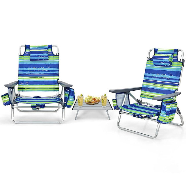 Tangkula Backpack Beach Chair with Table, 5-Position Lay Flat Beach Chairs with Cooler Bag, 2 Cup Holders, Towel Bar, Lightweight Low Folding Beach Chair with Backpack Straps