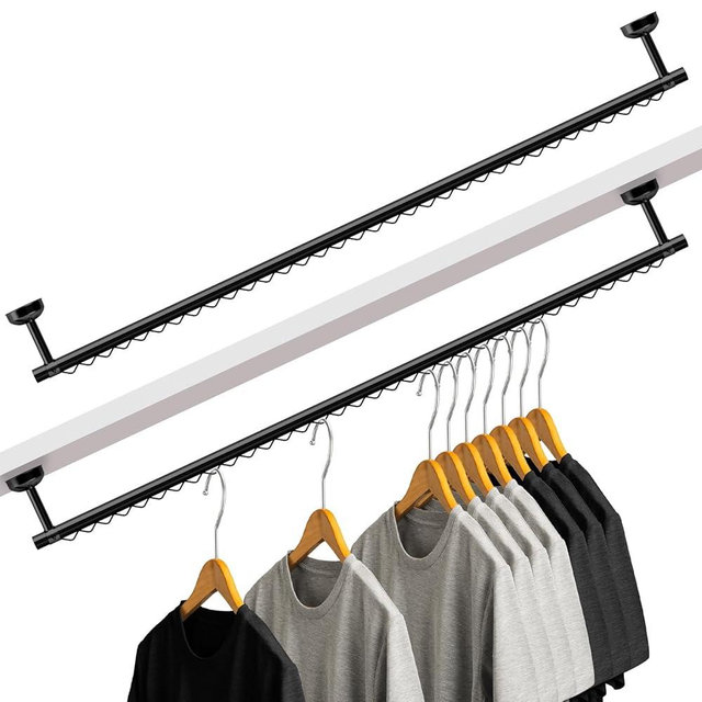 Wonderjune 2 Pack Closet Rail Hanging Closet Rod Ceiling Clothes Rack Any Angle Hanging Rail Clothes Rod Wall Mount Sloped Ceiling Closet Solutions for Attic Bedroom Under Stairs Storage (Black)