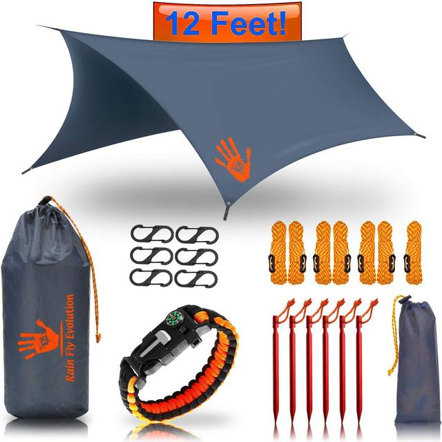 RainFlyEVOLUTION 12 x 10 ft HAMMOCK WATERPROOF RAIN FLY TENT TARP & Survival Bracelet Kit - Lightweight - Backpacker Approved - DIAMOND RIPSTOP NYLON - Perfect Hammock Shelter Sunshade for Camping