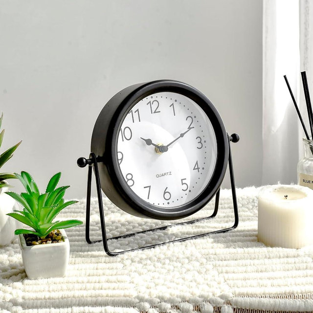 EMAX HOME Vintage Black Table Clock - Decorative Battery Operated Desk Clock with Stand, Silent Non-Ticking for Living Room Shelf Decor, 8.6 x 7.8 Inches