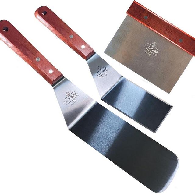 La Cuisine 3-PC SS Griddle Spatula Set - BBQ Tools Set Food Scraper for Grill Teppanyaki Flipping Patties Pancake Fish, 2 pcs SS Spatulas 1 pc Chopper/Scrapper with solid wood handle