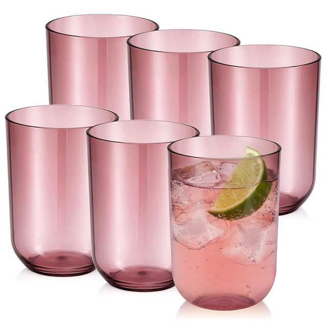 Ziliny 9oz Unbreakable Plastic Stemless Wine Glasses Set of 6, All Purpose Cups, Reusable Plastic Drinking Cups for Outdoor Use, Poolside, Party, Camp, Weddings, Daily Use(Pink)