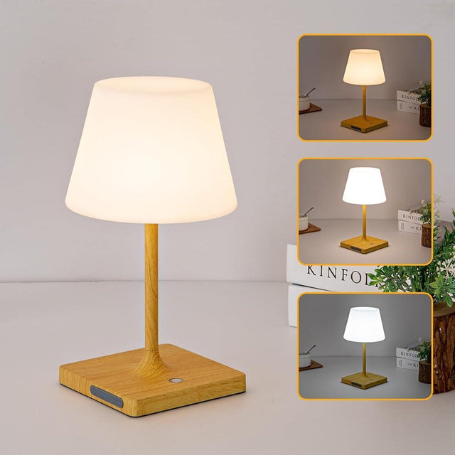 Mywellian Cordless Table lamp, Outdoor Battery Operated Rechargeable Desk lamp,Waterproof Shower Lamp,4000mAh LED 3 Colors Dimmable Touch Lamps for Camping Patio Courtyard Bedroom-Wood