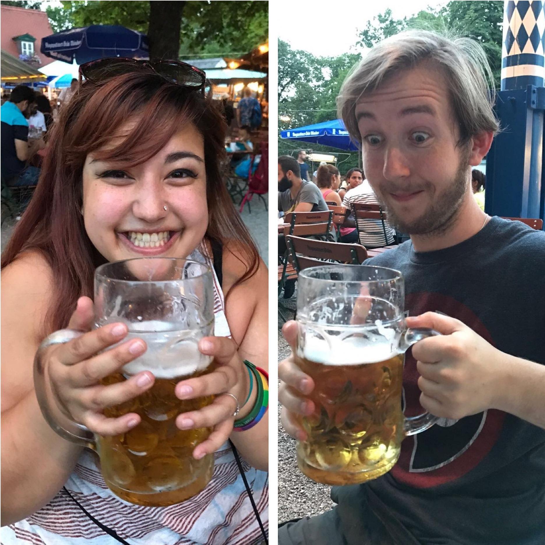 Drinking beers twice the size of our heads in Hirschgarten biergarten in Munich, Germany