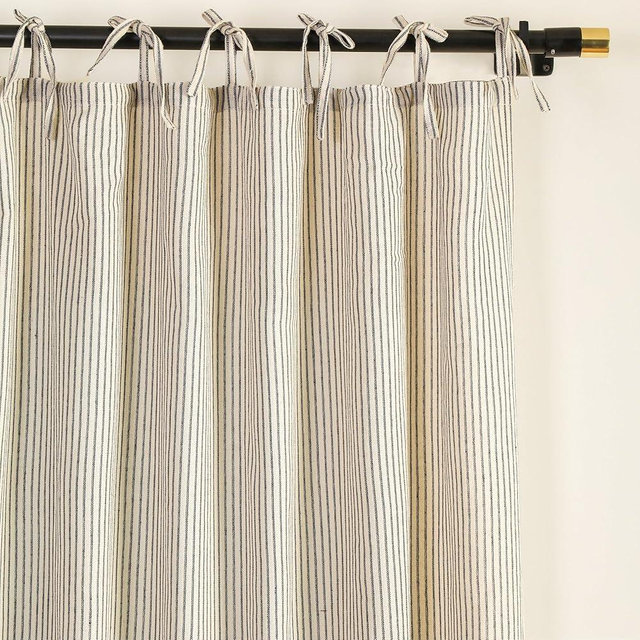 Gauze Striped Curtains, Boho Linen Gauze Tie Top Hanging Curtains Light Filtering Door Window Treatment 2 Panel Curtain Drapes for Living Room Home Décor Black on Beige (96"x42" Each Panel)