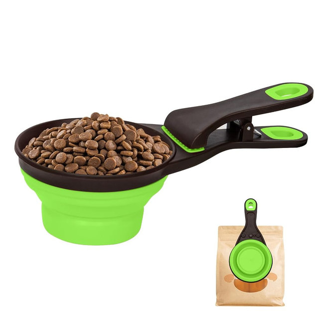 PNEUICALLY Collapsible Silicone Dog Food Scoop Foldable Pet Food Measuring Cup with Bag Clip 3 in 1 Multi-Function Silicone Dog Food Scooper (Green, Medium)
