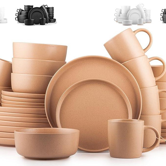 Zulay Kitchen Terra Stoneware 32-Piece Dinnerware Set, Artisanal Ceramic Plates and Bowls Set Crafted at 2300℉ - Service for 8, Terracotta Clay