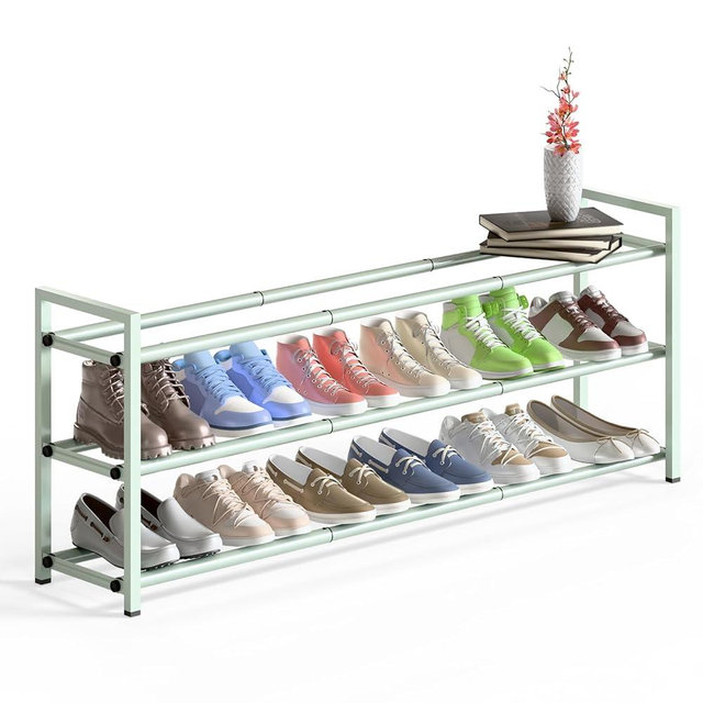 Bumusty 3-Tier Long Expandable Shoe Rack for Closet, 18"-44" Adjustable Shoe Rack for Entryway, 15-18 Pairs Large Shoe Organizer Shelf Storage, Sturdy Metal, Green