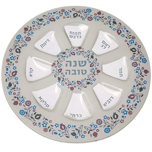 Ayuni Gifts of the World Painted Glass Rosh Hashanah Seder Plate 14" with Pomegranate Vines Decorative Design (Blue)