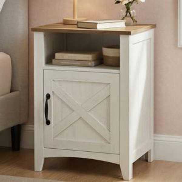 18" W Bauman Farmhouse Nightstand, Bedside Table with a Cabinet and Open Compartment - White/Maroon Brown, Individual