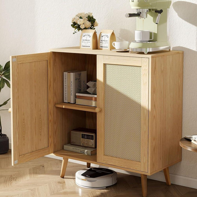 FURNIinspire Rattan Sideboard Buffet Cabinet, Wooden Cabinet Cupboard Console Small Cabinets with Doors and Adjustable Shelve for Kitchen & Entryway, Oak