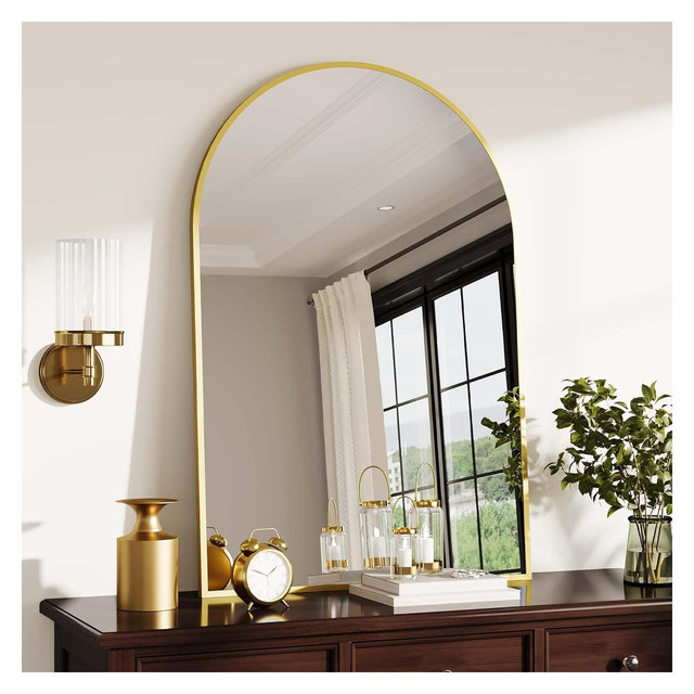 26" x 38" Arched Wall Mirror with Metal Frame – Modern Vanity Mirror for Bathroom, Bedroom, or Living Room, Gold