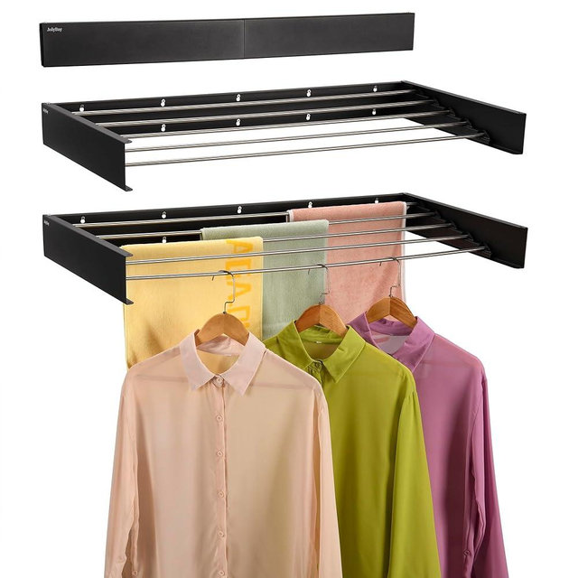 JolyBay Wall Mounted Laundry Drying Rack, Retractable Clothes Drying Rack for Bathroom with Wall Template, 5 Stainless Rods Heaving 60 lb Capacity (Black, 40")