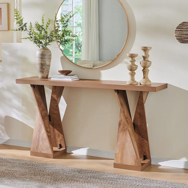 OKD Modern Entryway Table, 63" Twisted Console Table with Wood Pedestal, Farmhouse Sofa Table with Storage, Rustic Entry Table Tor Living Room, Entryway, Hallway, Light Tree Knot