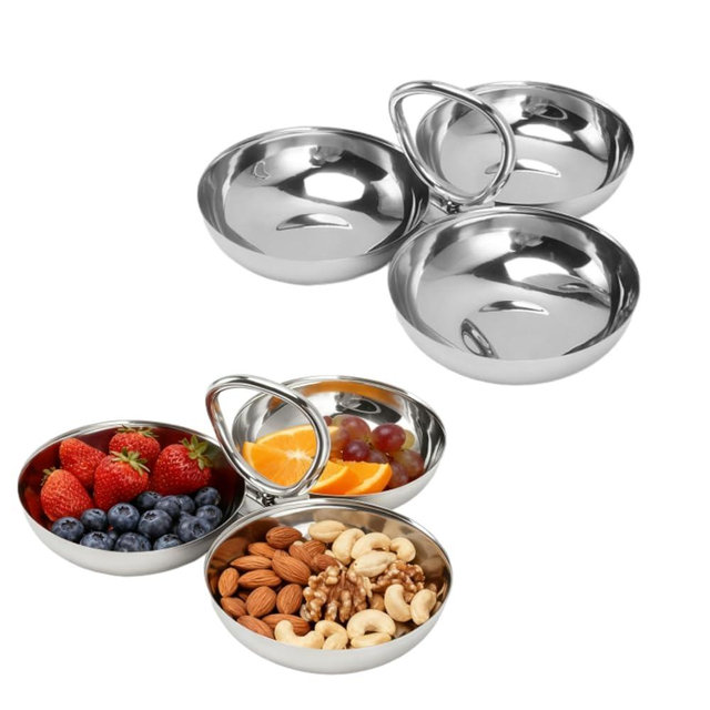 304 Stainless Steel Serving Plate 3-Compartment Stainless Steel Serving Tray with Handle 3 IN 1 Fruit Bowl Snack Plate Reusable Dessert Plates for Fridge Simple Tray Portable Home Kitchen Party Candy