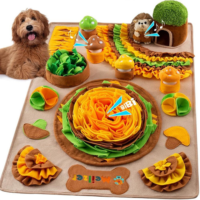 Meilzer Large Snuffle Mat for Dogs 40'' x 27.5'' Sniff Mat with Hedgehog Puzzle Toy Squeaky Mushrooms Interactive Toys Portable Feeding Mat for Foraging Skills