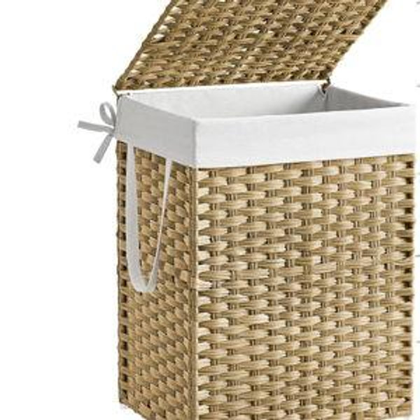 SONGMICS Laundry Hamper with Lid, 23.8 Gallon (90 L) Synthetic Rattan Clothes Laundry Basket with Lid and Handles, Foldable, Removable Liner, Goose Yellow ULCB51NL
