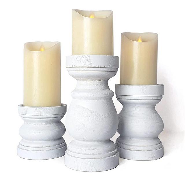 Nayomi Farmhouse Candle Holders for Pillar Candles. Rustic White Wooden Candle Holders Pillar Candle Holders Set of 3. Pillar Candle Holder Set. Wood Candle Holders. Distressed White Candle Holder