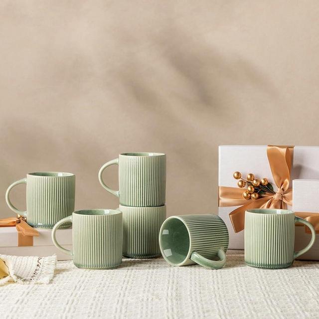 GBhome Coffee Mugs Set for 6, 11oz Coffee Cups with Handle for Man,Woman,Dad,Mom, Stoneware Mugs Sets for Coffee, Latte,Tea, Hot Cocoa, Milk, Dishwasher&Microwave Safe,Light Green