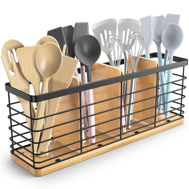 XCPPLV Kitchen Utensil Holder, Large Cooking Utensils Holder for Countertop Cooking Tools Storage Organizer Set 4 Compartments Large Utensil Caddy for Kitchen Decor
