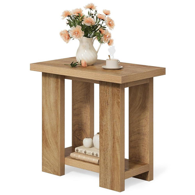 LITTLE TREE 2-Tier Side Table, Farmhouse End Table with Storage Shelves, Small Nightstand Wooden Beside Table Bed Side Table for Small Spaces, Living Room, Bedroom, Brown
