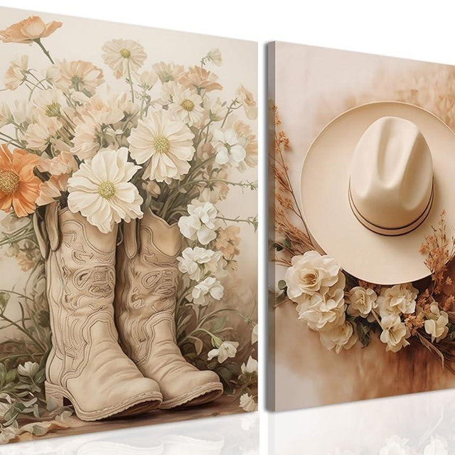 Floral Cowgirl Boots Canvas Wall Art Set of 2, Cowboy Hat with Flower Wall Decor Paintings, Trendy Preppy Western Aesthetic Prints Pictures, for Girls Bedroom Living Room Dorm 12x16 inch Framed
