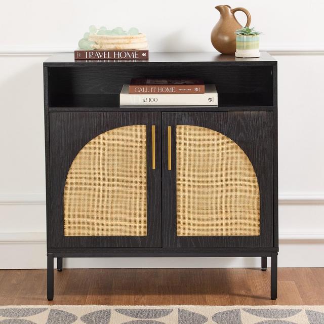 Best Choice Products Arched 2-Door Rattan Cabinet, Sideboard, Buffet, w/ Cord Cutout, Adjustable Storage Shelf - Black
