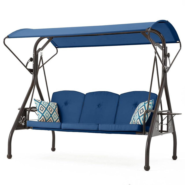 ZZW Patio Swing with Canopy 800LBS Ultra Load Outdoor Swing with Cup Holder 3-Seat Porch Swing for Adults Heavy Duty Patio Swing Bed for Patio, Backyard and Poolside, Blue