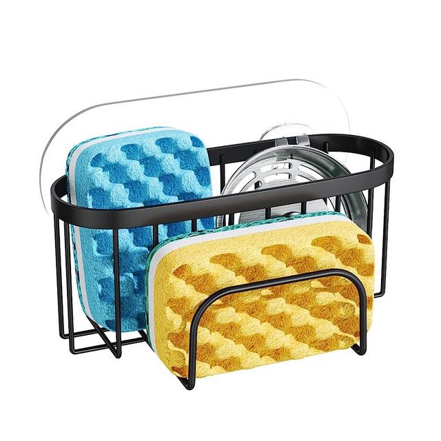 Consumest Sink Caddy Sponge Holder for Kitchen Sink, SUS304 Stainless Steel Kitchen Sink Organizer with Strong Adhesives No Drilling Sink Sponge Holder for Sponge Brush Sink Stopper, Black