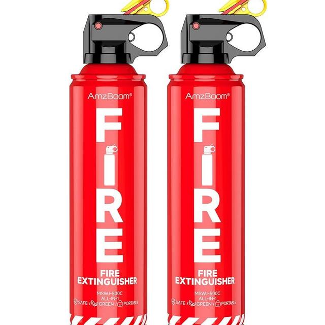 AmzBoom 2-Pack Fire Extinguisher for Home, Kitchen, Car, and Grill with Mounting Bracket and Emergency Kit – Extinguishing Spray, Compact A, B, C, K – Eco-Friendly, Prevents Reignition.