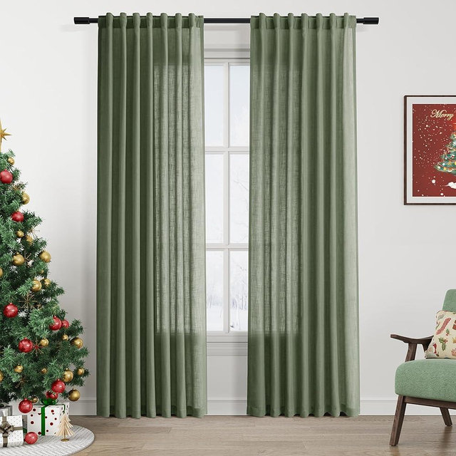 Christmas Olive Green Linen Curtains 84 Inches Long for Bedroom Back Tab Light Filtering Privacy Semi Sheer Curtains Modern Farmhouse Decor Olive Green Curtain for Living Room 2 Panels 52x84