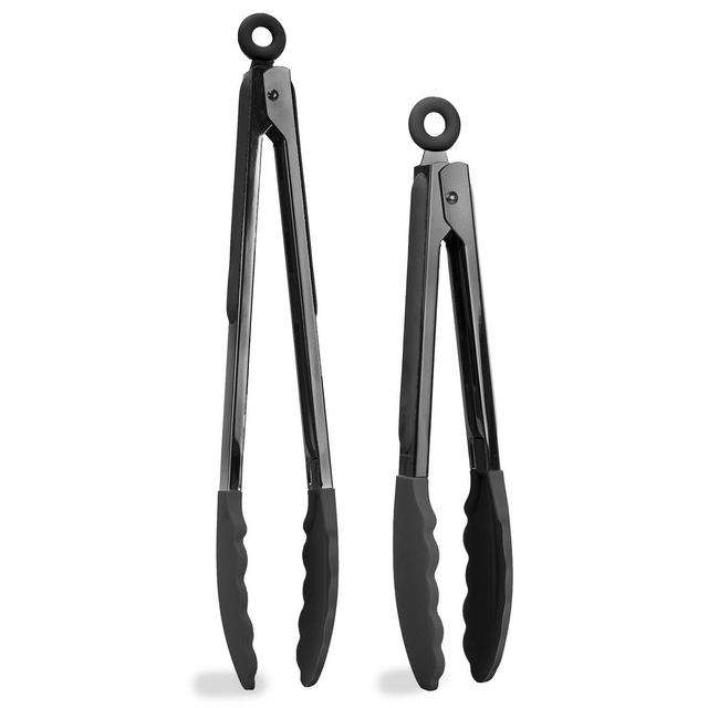 Country Kitchen Stainless Steel Silicone Tipped Kitchen Food BBQ and Cooking Tongs Set of Two 10” and 13” for Non Stick Cookware, BPA Fee, Stylish, Sturdy, Locking, Grill Tongs, Gunmetal and Black