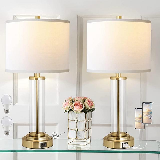 QIMH Table Lamps Set of 2 with USB Charging Ports, Modern Bedside Nightstand Lamp 3-Way Dimmable Touch Lamps for Living Room Bedroom House ,2 Bulbs Included