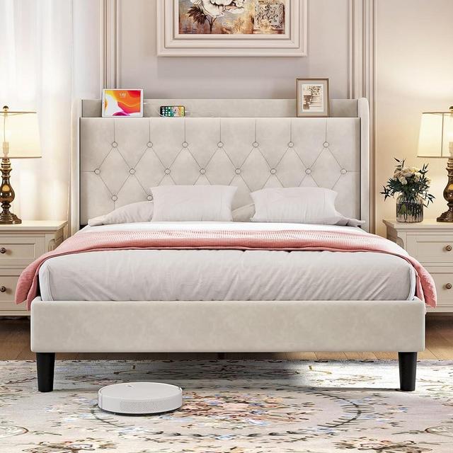 koorlian Queen Velvet Bed Frame, Adjustable Upholstered Platform Bed Frame with Type-C&USB Ports, Wingback Storage Headboard, Solid Wood Slats Support, No Box Spring Needed, Noise-Free, Beige