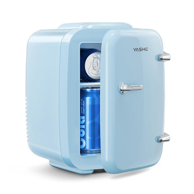 YASHE Mini Fridge, 4 Liter/6 Can Mini Makeup Fridge, 110V AC/ 12V DC Portable Thermoelectric Cooler&Warmer for Skincare, Drink, Cosmetic, Medicine, Small fridge for Bedroom, Office, Dorm, Car, Blue