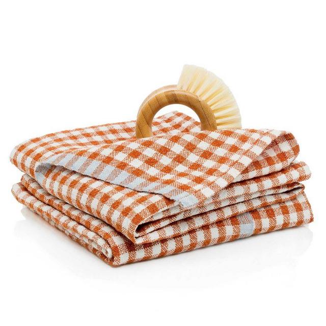 Caravan Gingham Linen Tea Towels, Set of 2 - Cognac/Blue