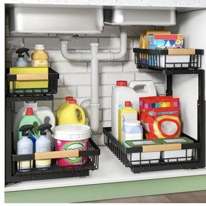 Black Kitstorack Under Sink Organizer, 2 Tier Under the Sink Storage, Slide out Pull out Cabinet Organizer Shelf, Metal Sliding Drawer for Kitchen Bathroom Pantry Closet Organization Rack, Black, 2 Pack