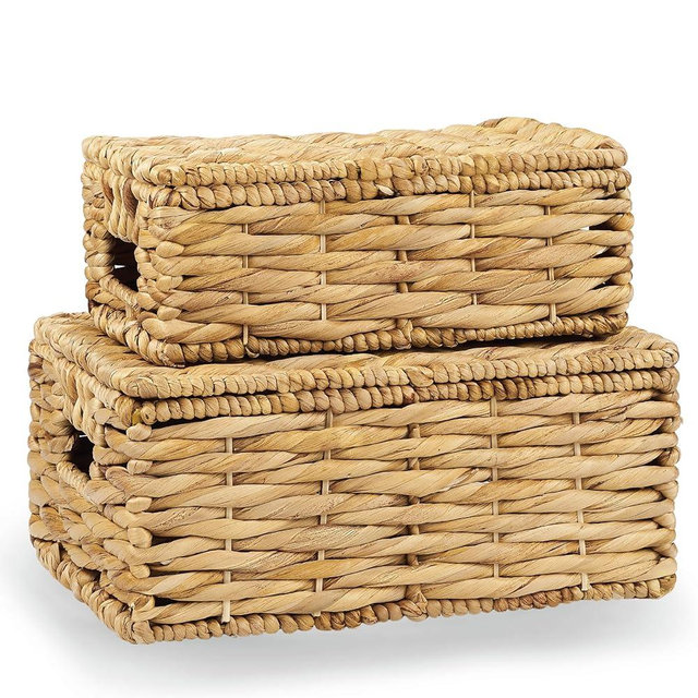 Wicker Basket with Lid - Decorative Storage Boxes for Home Decor, Shelves - Woven Basket with Lid - Wicker Decor - Rattan Box - Decorative Bins with Lids (Natural)